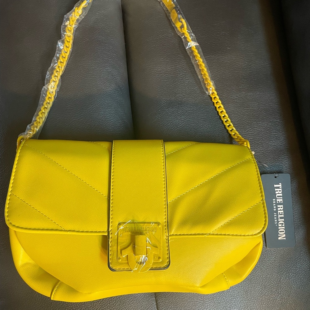 True Religion Yellow Purse with Chain Strap Detail NWT